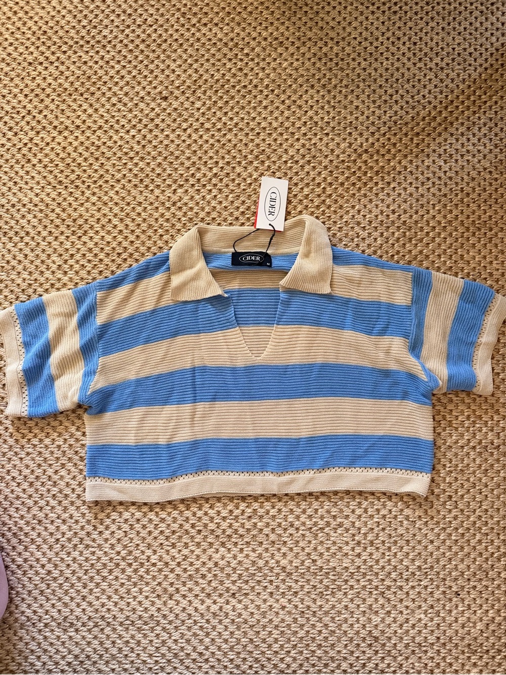 Cider Blue & Cream Striped Knit Polo Crop Top – Size Medium – NWT